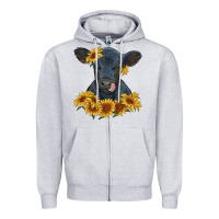 Heather Grey black angus calf with sunflowers Zipper Hoodie - RanaPortraitStore