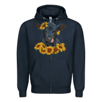Navy black angus calf with sunflowers Zipper Hoodie - RanaPortraitStore