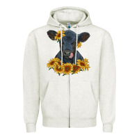 Oatmeal Heather black angus calf with sunflowers Zipper Hoodie - RanaPortraitStore