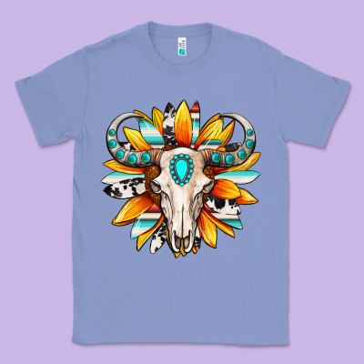 Classic Tee Western bull skull sunflower
