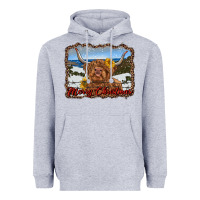 Heather Grey merry christmas highland cow with farm Heavyweight Hoodie - RanaPortraitStore