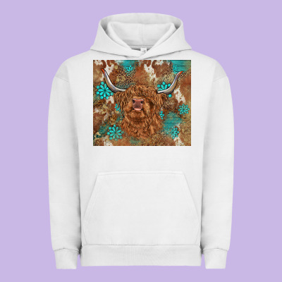 Highland Cow Turquoise Gemstones Western Patterns Urban Hoodie Designed By Barkaloodesign
