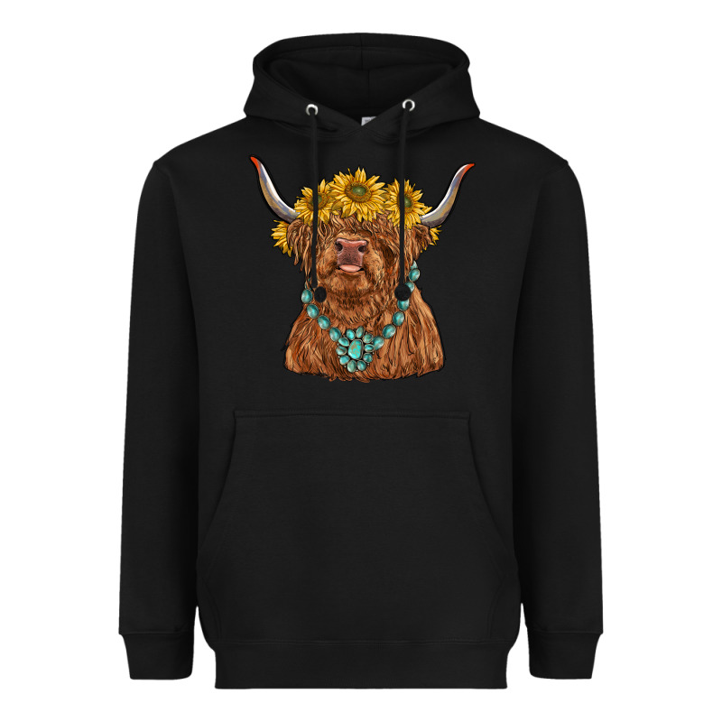 Highland Cow With Sunflower And Gemstone Heavyweight Hoodie by RanaPortraitStore | Teevron