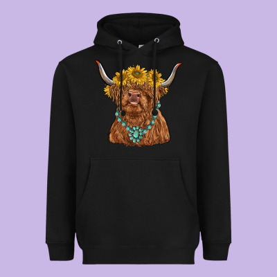 Highland Cow With Sunflower And Gemstone Heavyweight Hoodie Designed By Ranaportraitstore