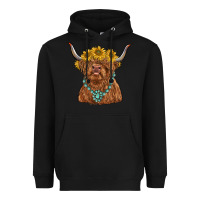 Black highland cow with sunflower and gemstone Heavyweight Hoodie - RanaPortraitStore
