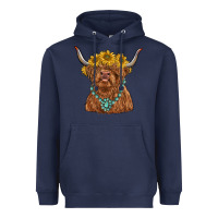 Navy highland cow with sunflower and gemstone Heavyweight Hoodie - RanaPortraitStore