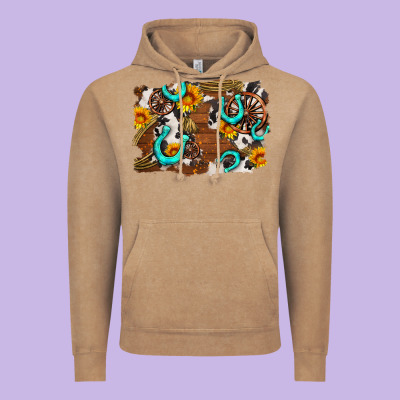 Western Cowhide Horseshoe Sunflower Background Vintage Hoodie Designed By Adodesignshop