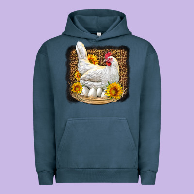 Perched Chicken With Sunflowers Leopard Background Urban Hoodie Designed By Lillyallendesigns