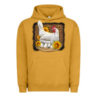 Pigment Peanut Butter perched chicken with sunflowers leopard background Urban Hoodie - LillyAllenDesigns