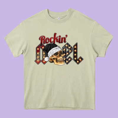 Rockin Noel Skull Heavy Core Tee Designed By Cowhidedigitalart