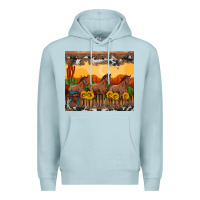 Blue Mist western horses and  sunset with sunflowers Premium Hoodie - Artiststas