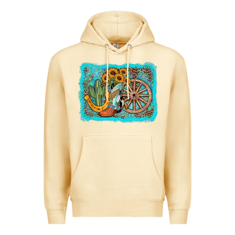 Western Wooden Wheel Cowboy Boots Premium Hoodie by AdoDesignShop | Teevron