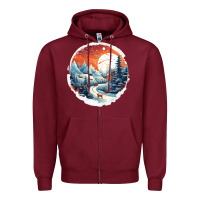 Burgundy deer snow house design Zipper Hoodie - Unal Design