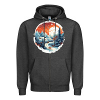 Charcoal Heather deer snow house design Zipper Hoodie - Unal Design