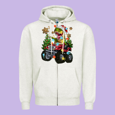 Zipper Hoodie Christmas T-rex With Monster Truck