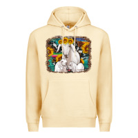 Pina Colada goat family with sunflowers western serape turquoise background Premium Hoodie - Artiststas
