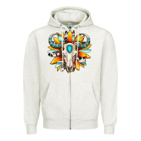 Oatmeal Heather Western bull skull sunflower Zipper Hoodie - MaliasSmallBusiness