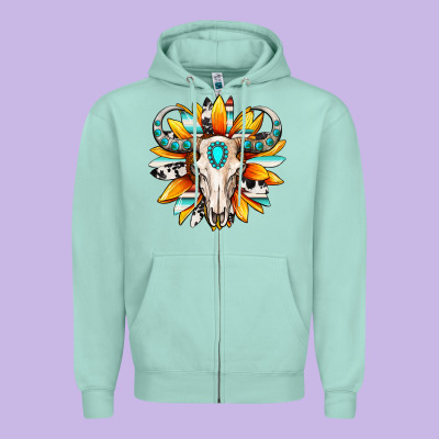 Zipper Hoodie Western bull skull sunflower