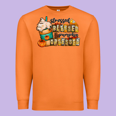 Stressed Blessed Pumpkin Obsessed Premium Sweatshirt Designed By Cowhidedigitalart