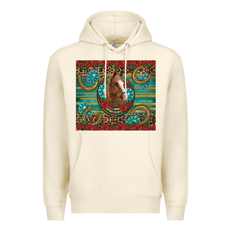 Western Horse Horseshoe Roses Gemstones Glitter Wooden Premium Hoodie by Artiststas | Teevron