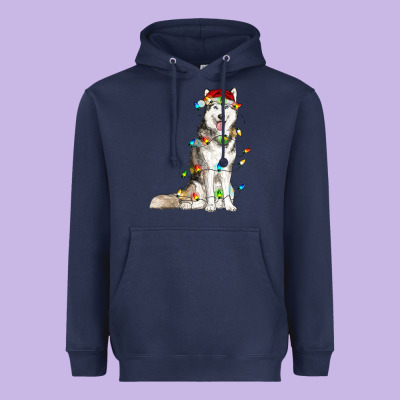 Husky With Christmas Lights Heavyweight Hoodie Designed By Ranaportraitstore