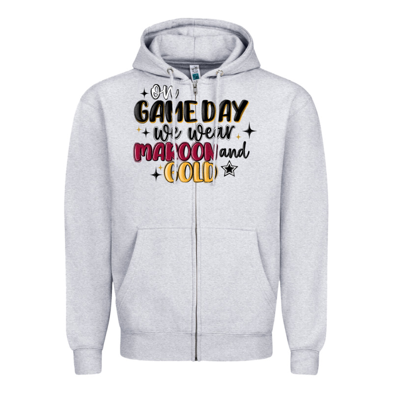 On Game Day We Wear Maroon And Gold Zipper Hoodie by MaliasSmallBusiness | Teevron