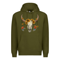 Army Green bull skull sunflowers and feathers Premium Hoodie - AdoDesignShop