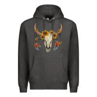 Charcoal Heather bull skull sunflowers and feathers Premium Hoodie - AdoDesignShop