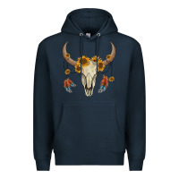 Navy bull skull sunflowers and feathers Premium Hoodie - AdoDesignShop