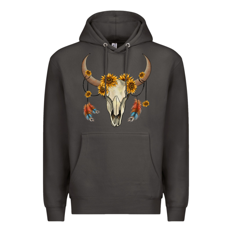 Bull Skull Sunflowers And Feathers Premium Hoodie by AdoDesignShop | Teevron