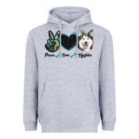 Heather Grey peace love huskies Heavyweight Hoodie - RanaPortraitStore