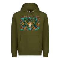 Army Green leopard bull skull cactus sunflowers Premium Hoodie - AdoDesignShop