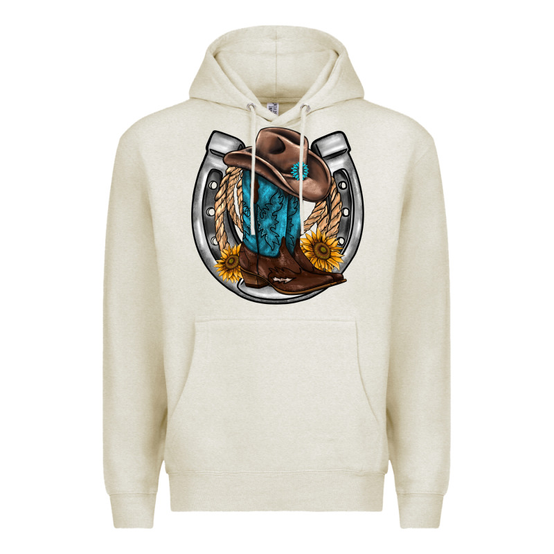 Western Horseshoe Boots Hat Rope Sunflower Premium Hoodie by AdoDesignShop | Teevron