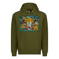 Army Green longhorn bull skull western turquoise background Premium Hoodie - Artiststas