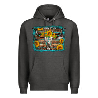 Charcoal Heather longhorn bull skull western turquoise background Premium Hoodie - Artiststas