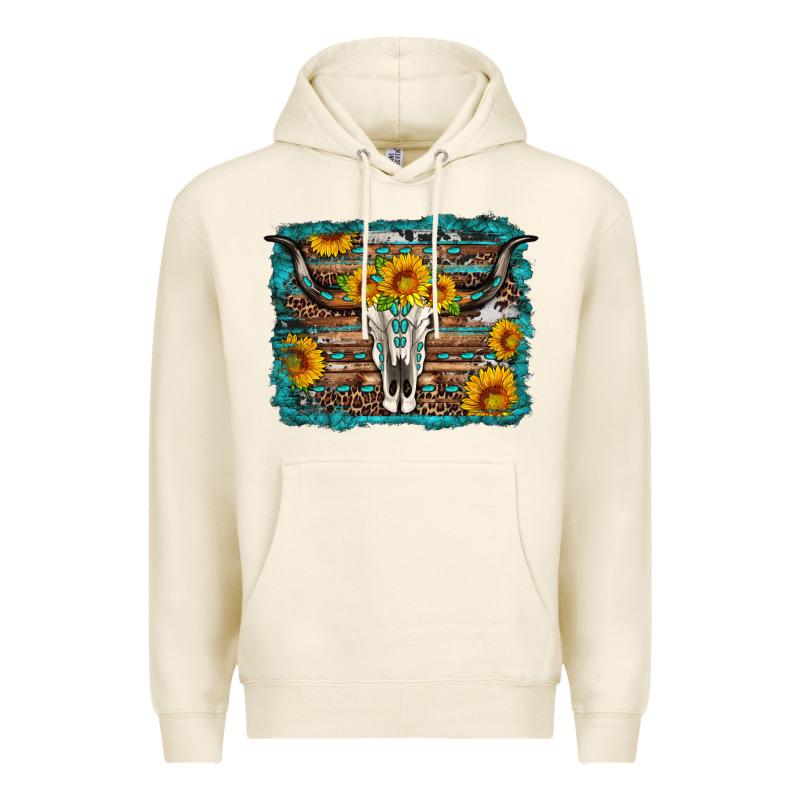Longhorn Bull Skull Western Turquoise Background Premium Hoodie by Artiststas | Teevron
