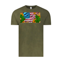 Vintage Olive usa flag and cactus and sunflowers with leopard and wood license  plat Vintage Tee - Artiststas