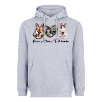 Heather Grey peace love bull terrier Heavyweight Hoodie - RanaPortraitStore