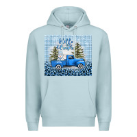 Blue Mist hello winter snowman truck Premium Hoodie - AdoDesignShop