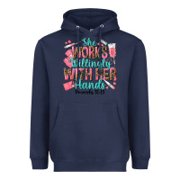 Navy she works willingly with her hands Heavyweight Hoodie - texasbilliewilder