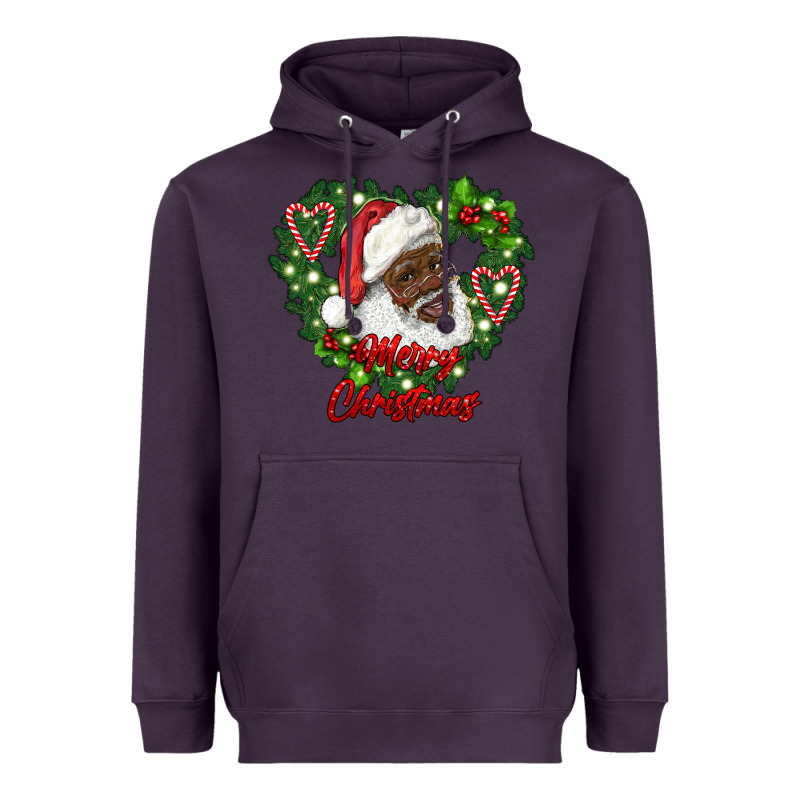 Merry Christmas African American Santa With Wreath Heavyweight Hoodie by RanaPortraitStore | Teevron