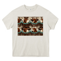 Cream Longhorn Cow Pattern Heavy Core Tee - CowhideDigitalArt