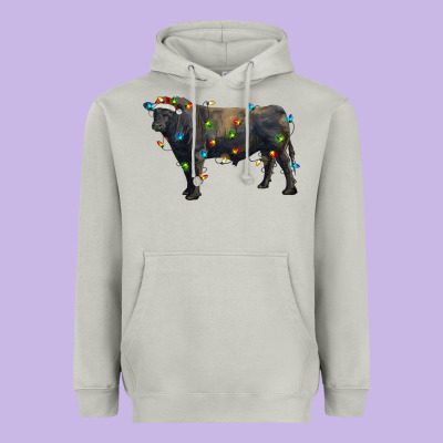 Christmas Black Angus Bull With Christmas Lights Heavyweight Hoodie Designed By Ranaportraitstore
