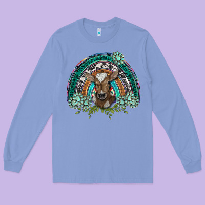 Turquoise Gemstones Brown Baby Cow  Rainbow Long Sleeve Tee Designed By Barkaloodesign