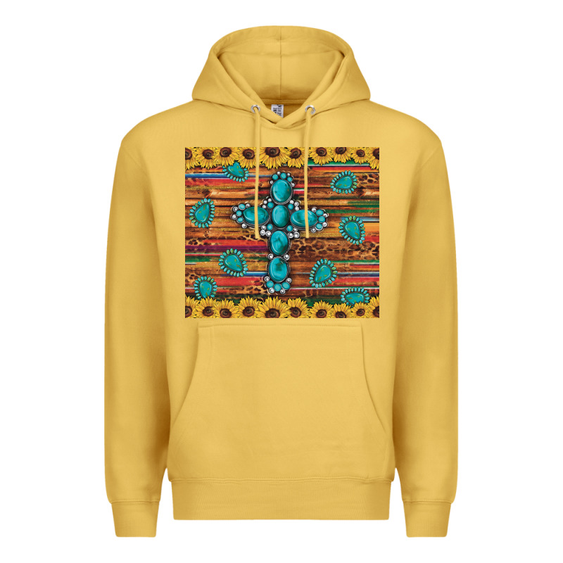 Western Gemstone Cross Sunflowers Leopard Serape Glitter Wooden Tumble Premium Hoodie by Artiststas | Teevron