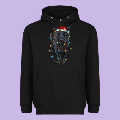Christmas Black Angus Cattle With Lights Heavyweight Hoodie Designed By Ranaportraitstore