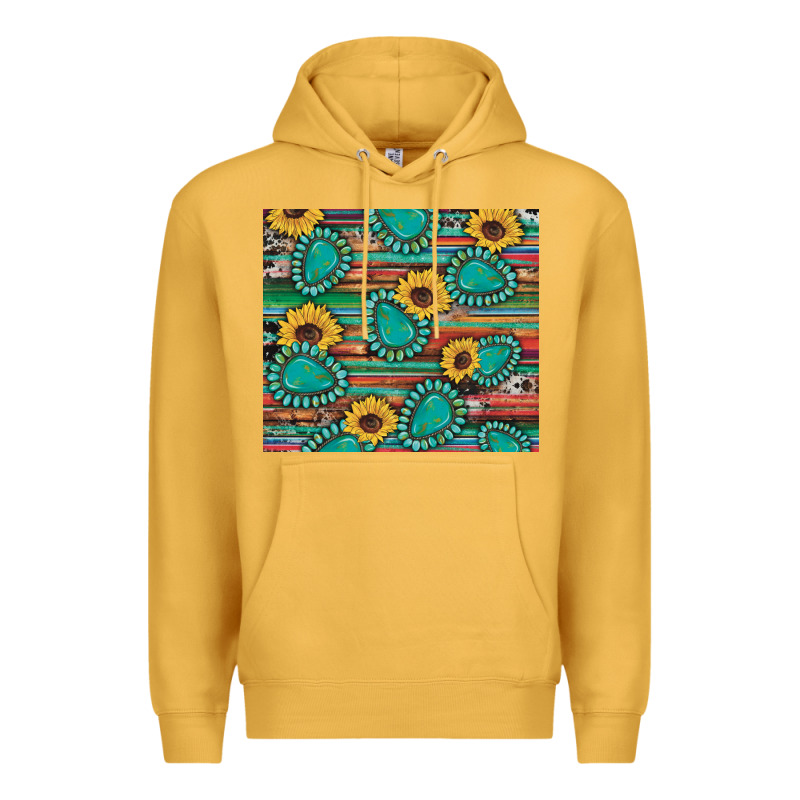 Western Gemstone Sunflowers Serape Cowhide Glitter Wooden Premium Hoodie by Artiststas | Teevron
