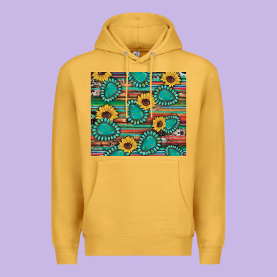 Western Gemstone Sunflowers Serape Cowhide Glitter Wooden Premium Hoodie Designed By Artiststas
