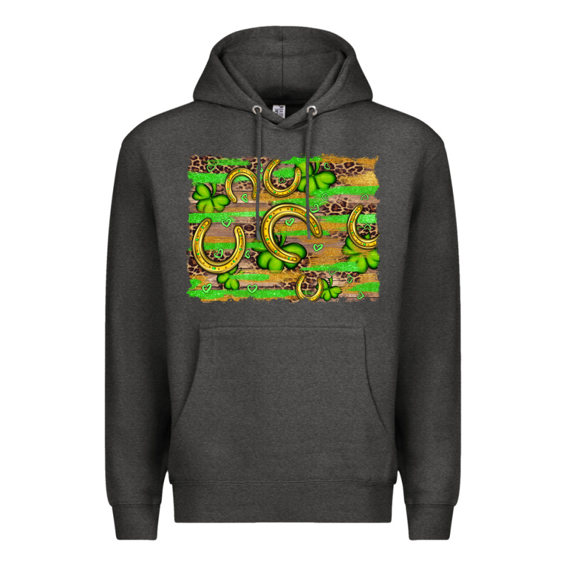 Horseshoe Shamrock Leopard Wood Glitter Background Premium Hoodie by Artiststas | Teevron