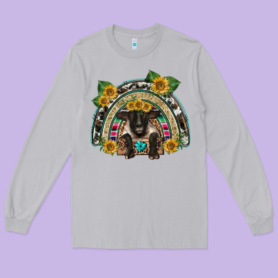 Suffolk Ewe Front Sunflowers Rainbow Long Sleeve Tee Designed By Barkaloodesign